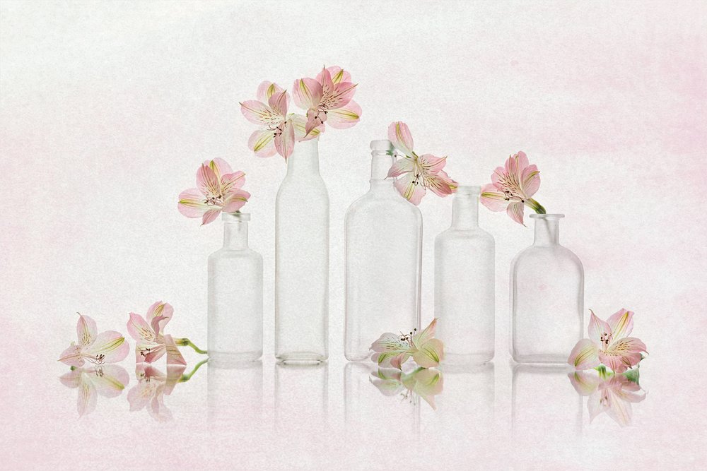 Flores cor-de-rosa e vidro de Lydia Jacobs