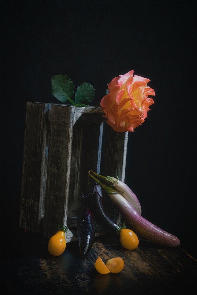 Natureza morta com rosas e produtos hortícolas de Lydia Jacobs