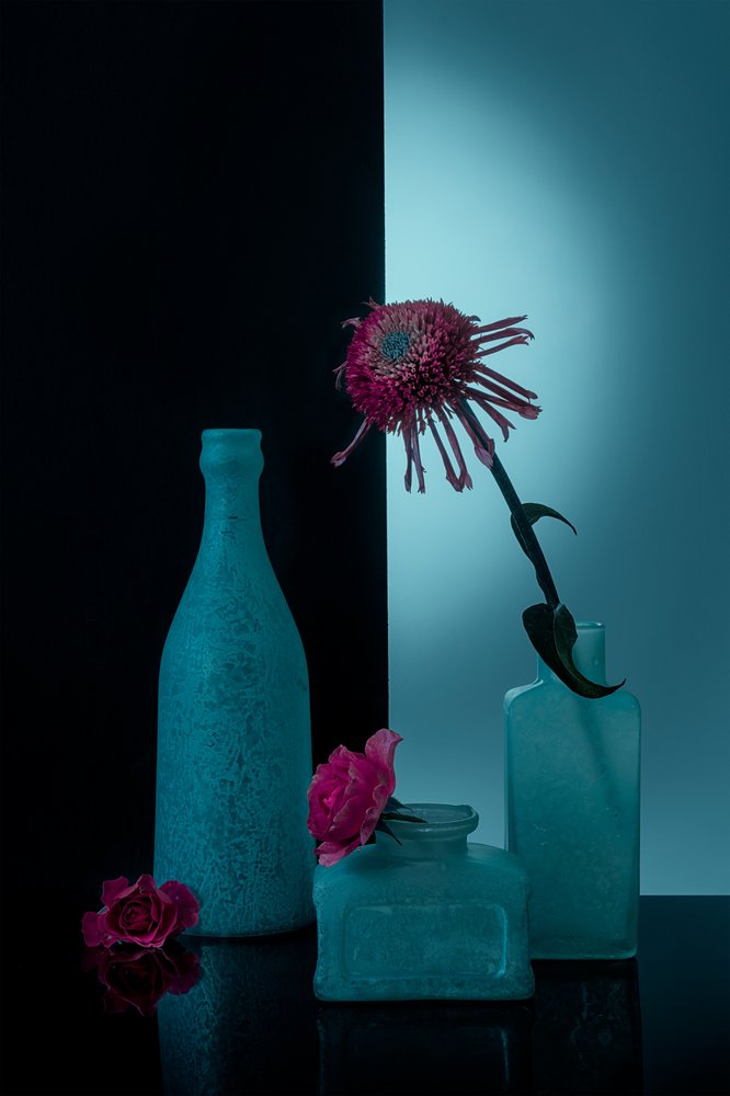 Garrafas azul-petróleo com flores de Lydia Jacobs