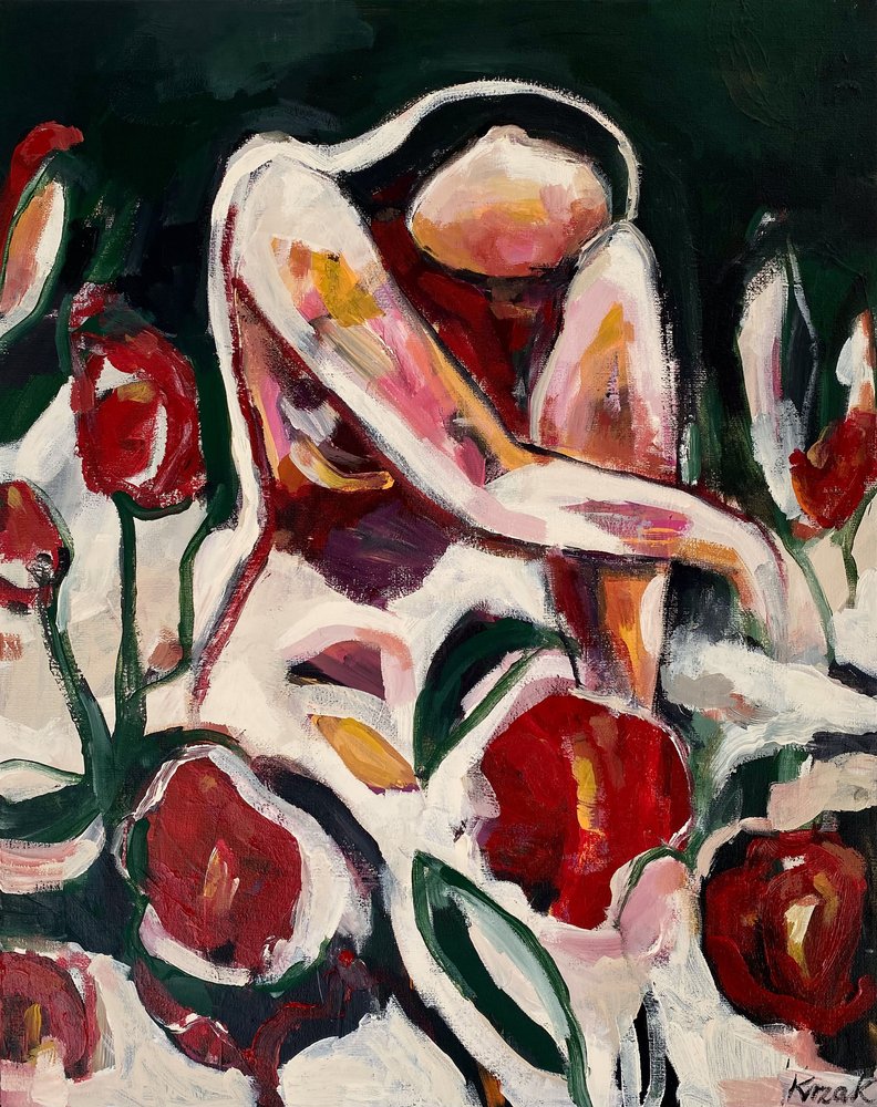 Mulher entre flores vermelhas de Magdalena  Krzak