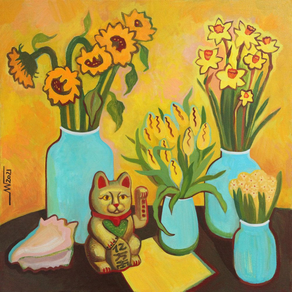 Flores Felizes e Gato da Sorte de Marina Gorkaeva