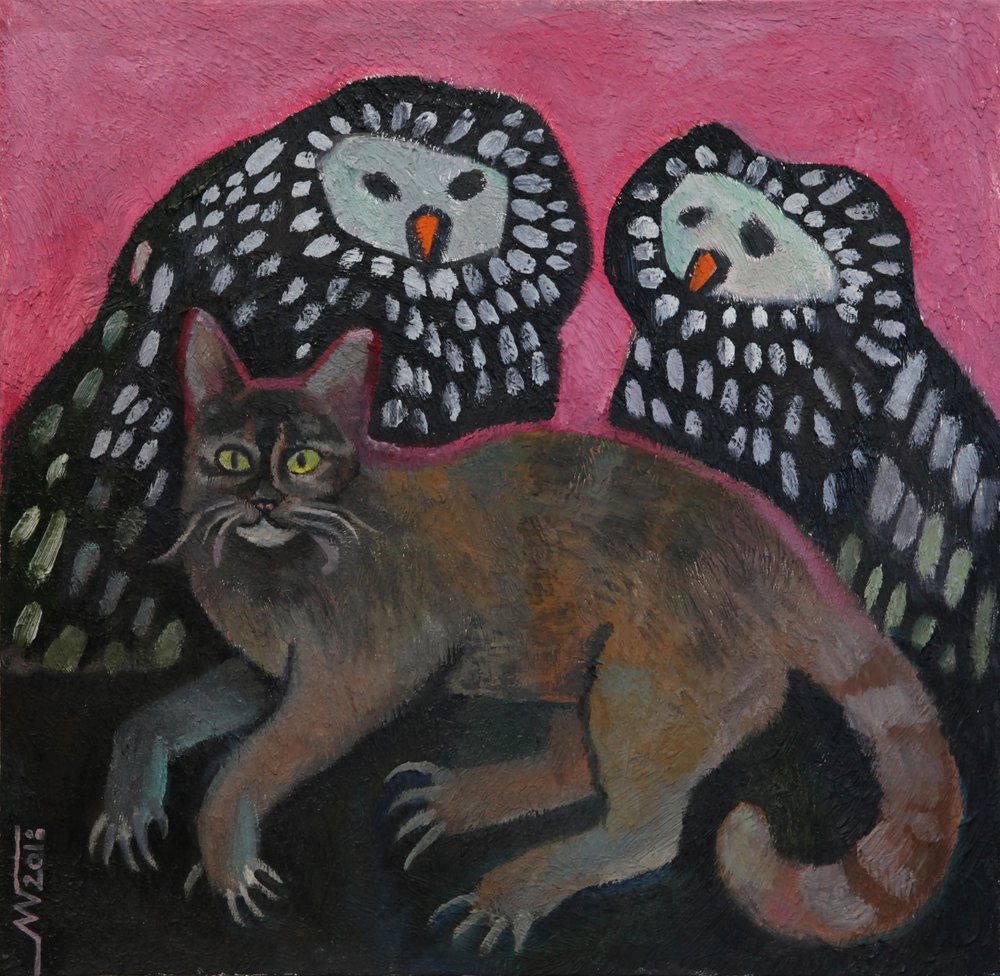 Gato brincalhão com corujas de Marina Gorkaeva