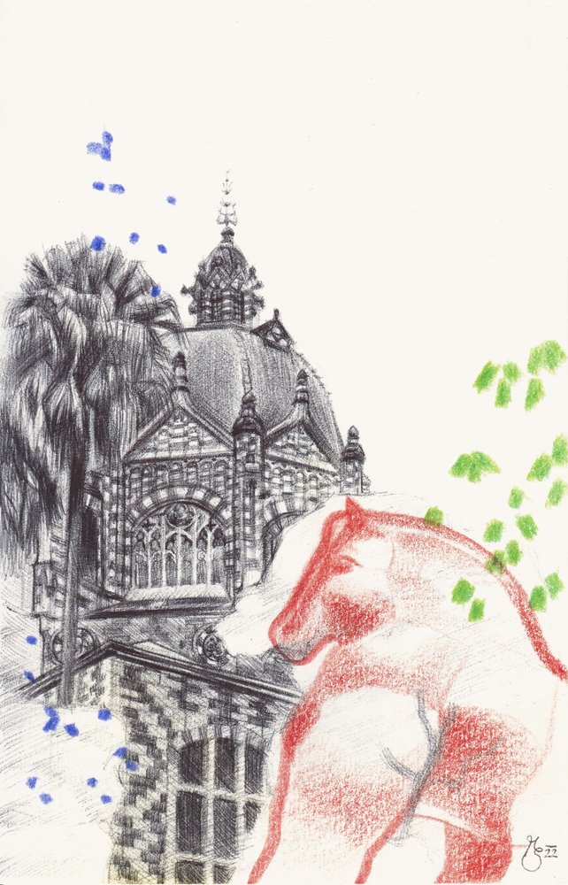 Esboço de um cavalo num edifício ornamentado de Mirjam Schrei