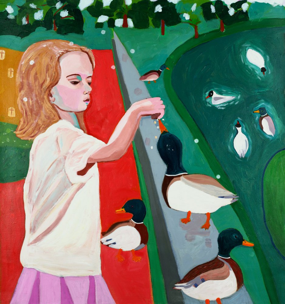 Menina a dar de comer aos patos no parque de Monica Prentice