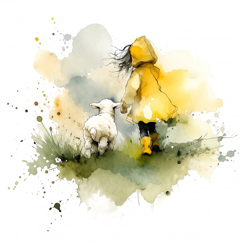Criança com uma capa de chuva amarela a caminhar com um cordeiro de Natalie Bruns