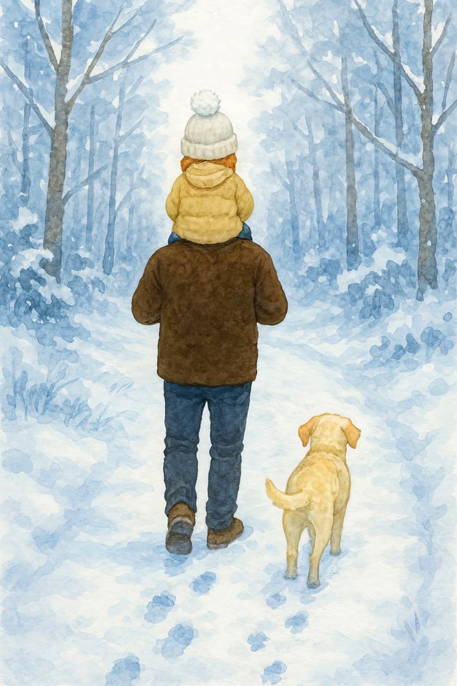 Quarto infantil: Passeio de inverno com o pai e o cão numa floresta nevada de Natalie Bruns
