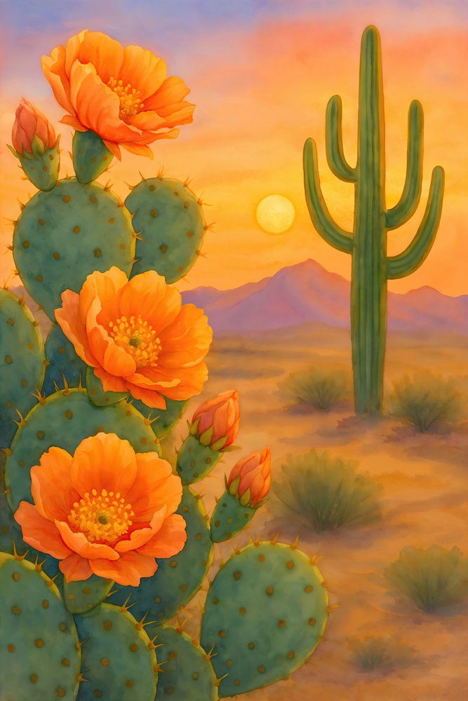 Pôr-do-sol no deserto e flores de cacto de Natalie Bruns
