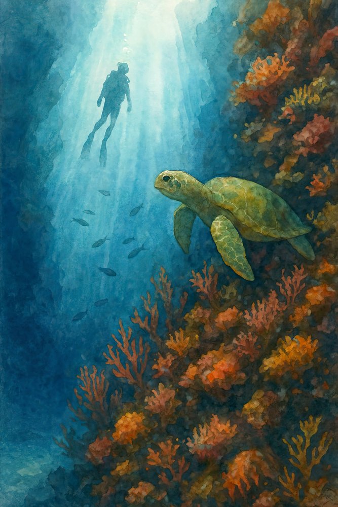 Mergulhador e tartaruga marinha de Natalie Bruns