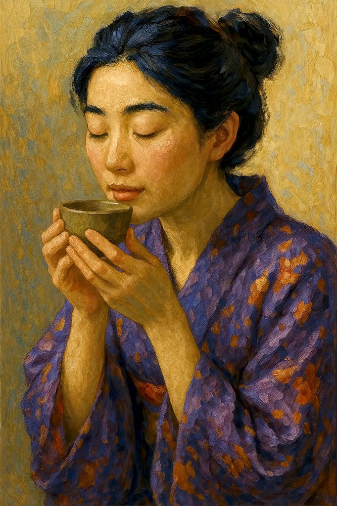 Mulher japonesa a saborear chá de Natalie Bruns