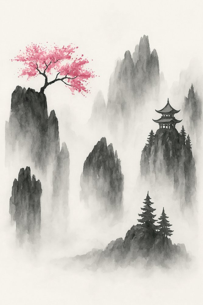 Paisagem montanhosa japonesa com uma árvore de sakura e um templo de Natalie Bruns
