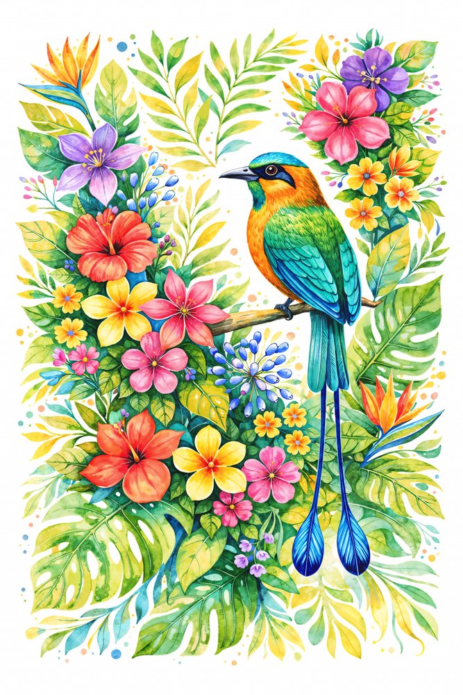 Motmot entre flores tropicais de Natalie Bruns