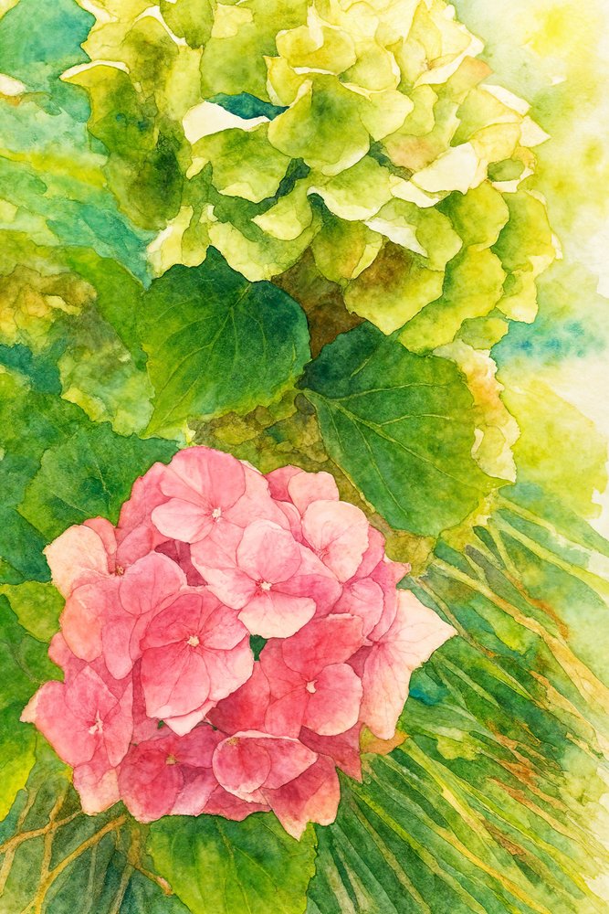 Hortênsias cor-de-rosa e verdes de Natalie Bruns