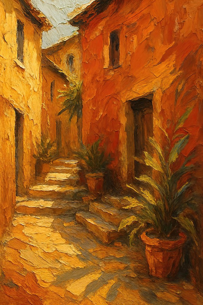 Escadaria da Aldeia Iluminada pelo Sol de Natalie Bruns