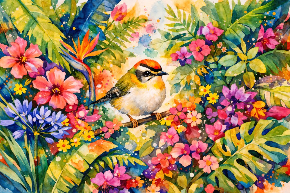 Jardim de Aves Tropicais Vibrante de Natalie Bruns