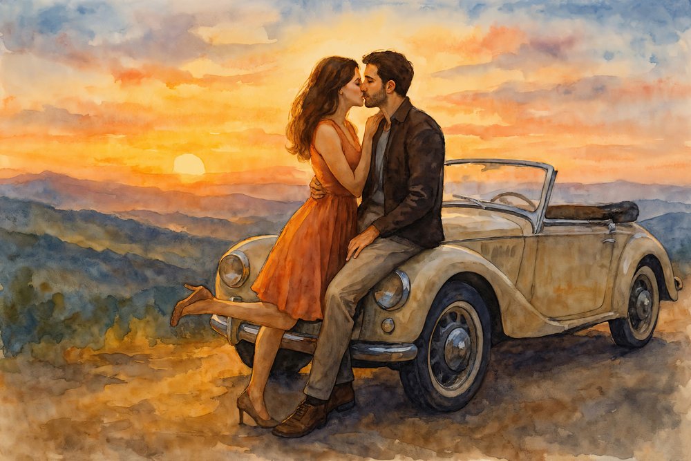 Beijo ao Pôr do Sol num Carro Clássico de Natalie Bruns