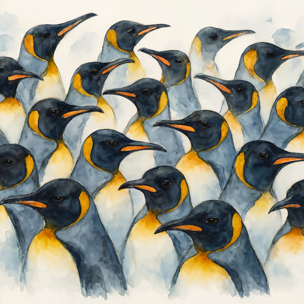 Pinguins-imperadores em aguarela de Natalie Bruns