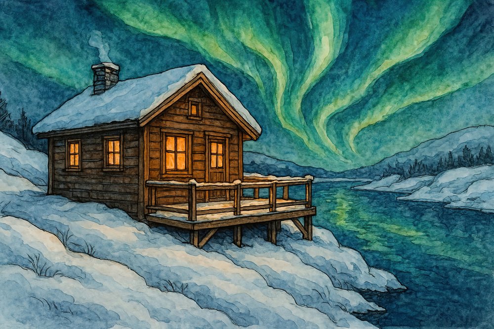 Cabana de Inverno e Aurora Boreal de Natalie Bruns