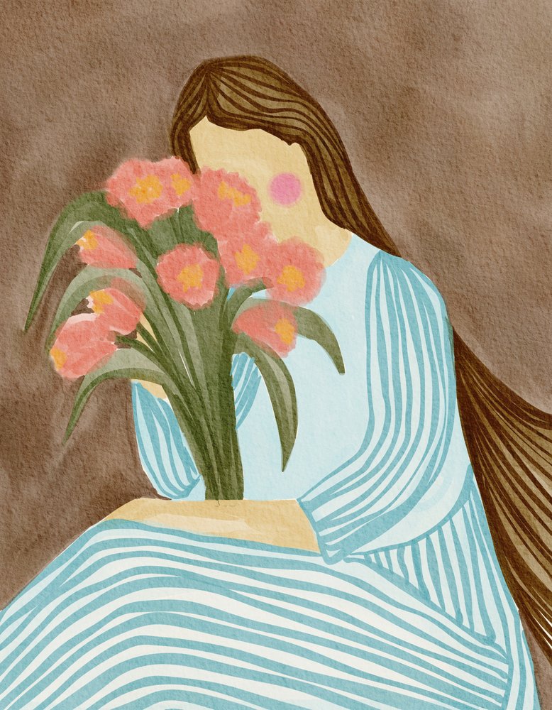 Mulher Tímida e Tulipas Cor-de-rosa de Nikita Jariwala