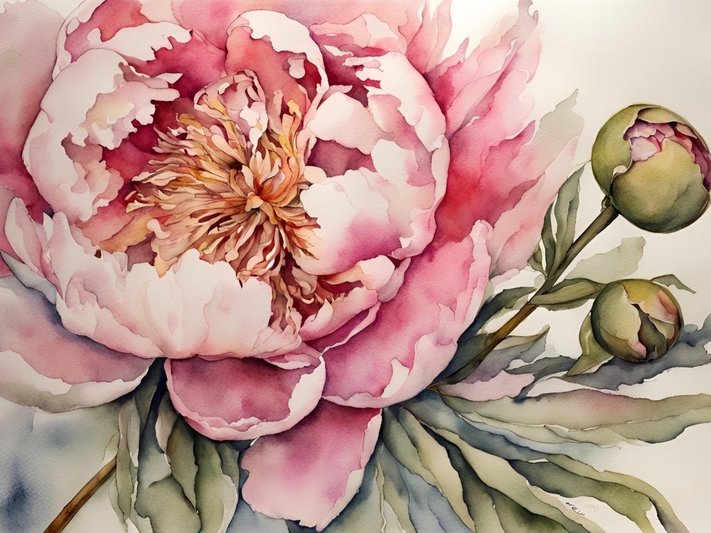 Aquarela de Peônia Rosa de Ohkimiko
