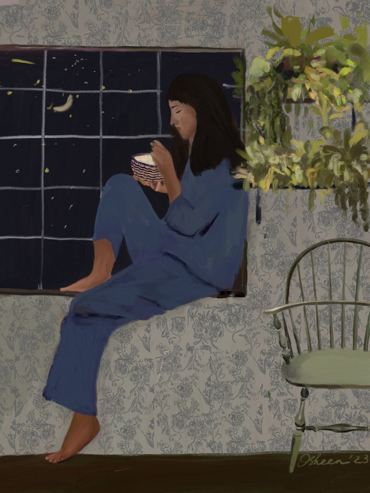 Refeição à janela ao luar de Osheensgallery