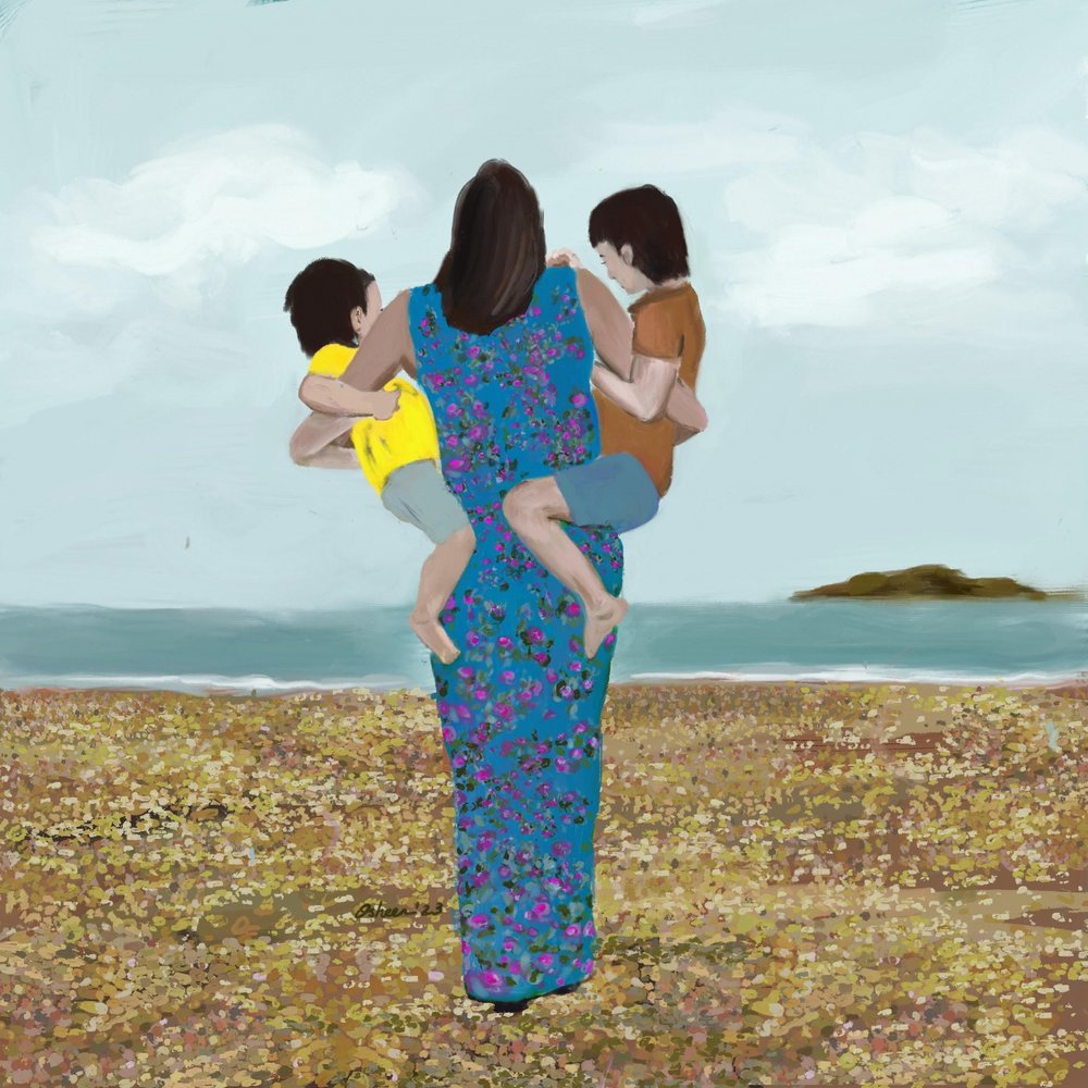 Mãe e filhos na praia de Osheensgallery