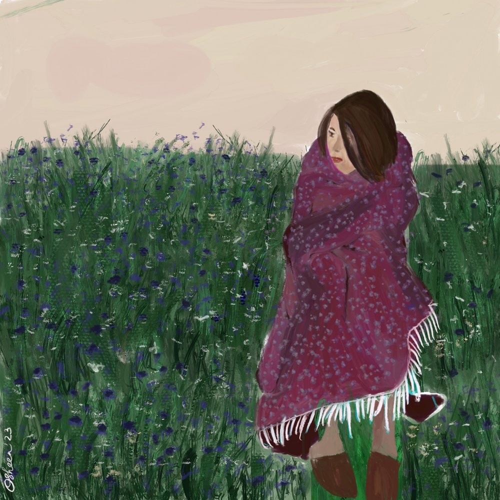 Mulher num campo de flores silvestres de Osheensgallery
