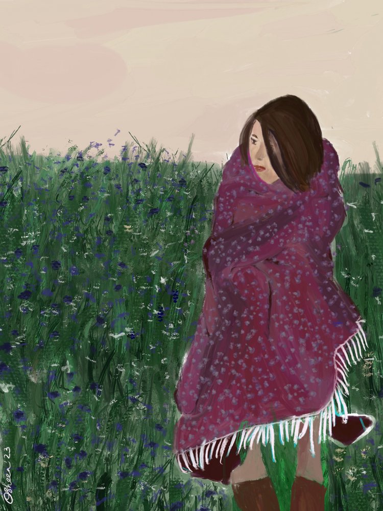 Mulher envolta num campo de flores silvestres de Osheensgallery
