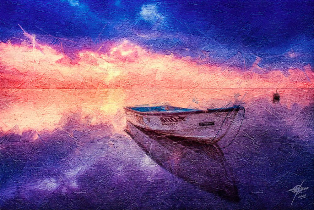 Reflexo sereno do pôr-do-sol no barco de Osvaldo Russo