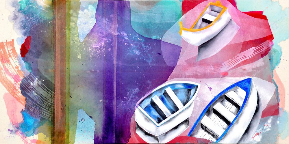 Barcos em aquarela vibrante de Poonam Choudhary