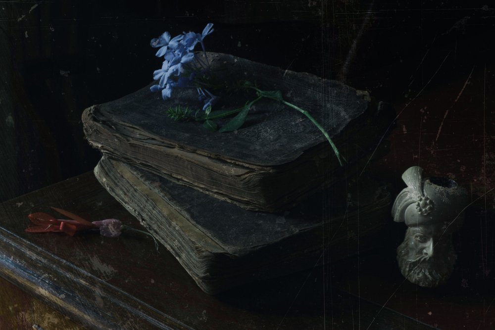 Livros antigos e flores azuis de Ramiz Sahin