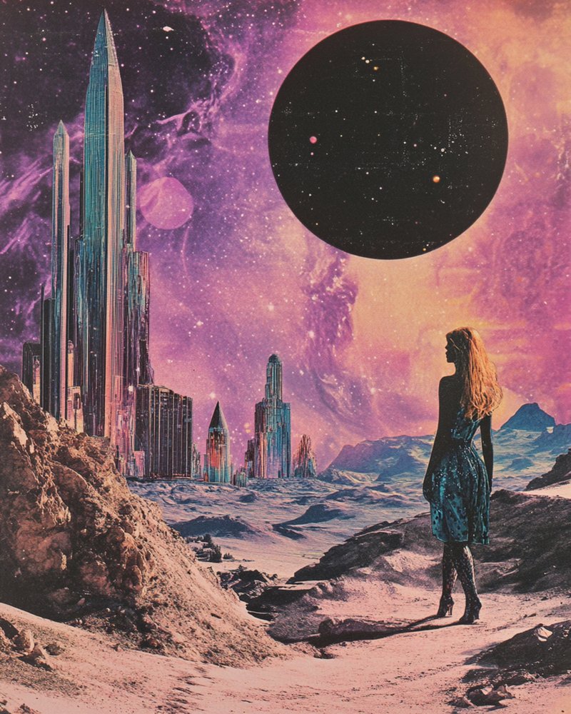 Mulher na paisagem urbana cósmica de Samantha Hearn
