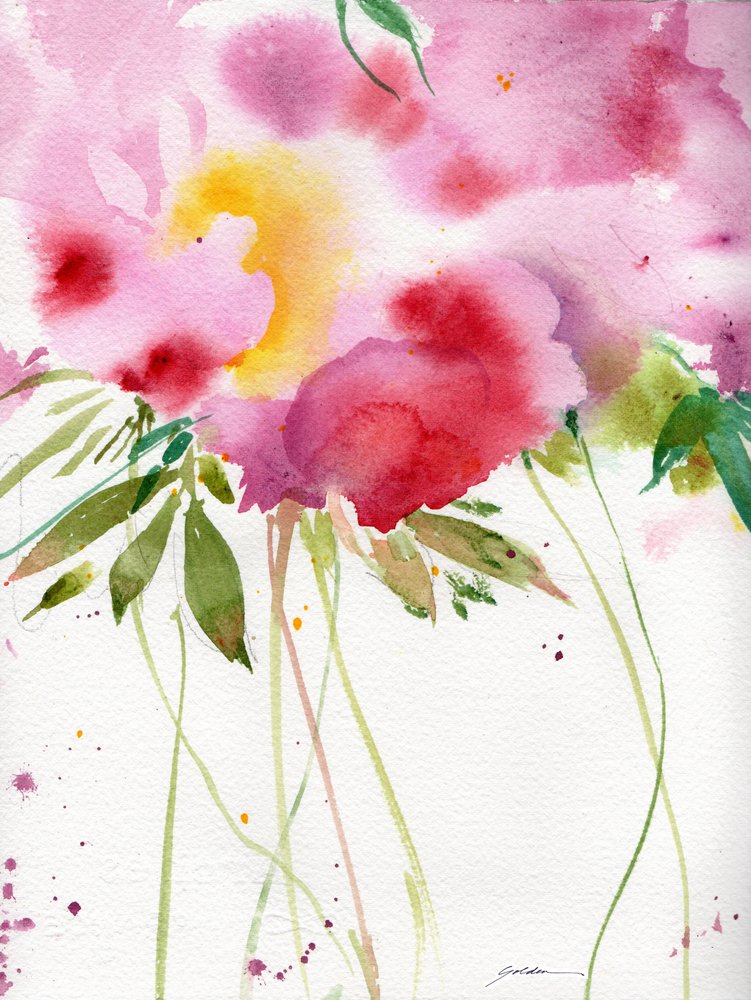 Flores abstratas em aquarela rosa de Sheila Golden
