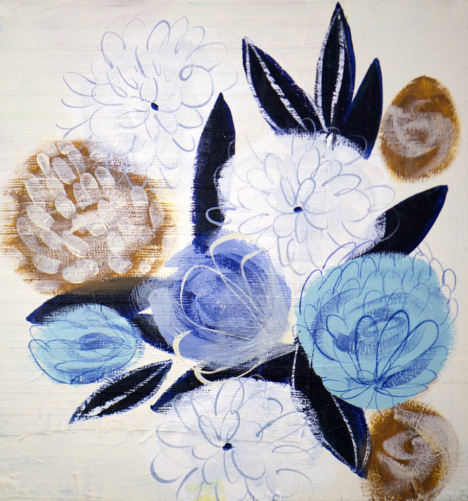 Flores abstractas azuis e douradas de Shelley Hampe