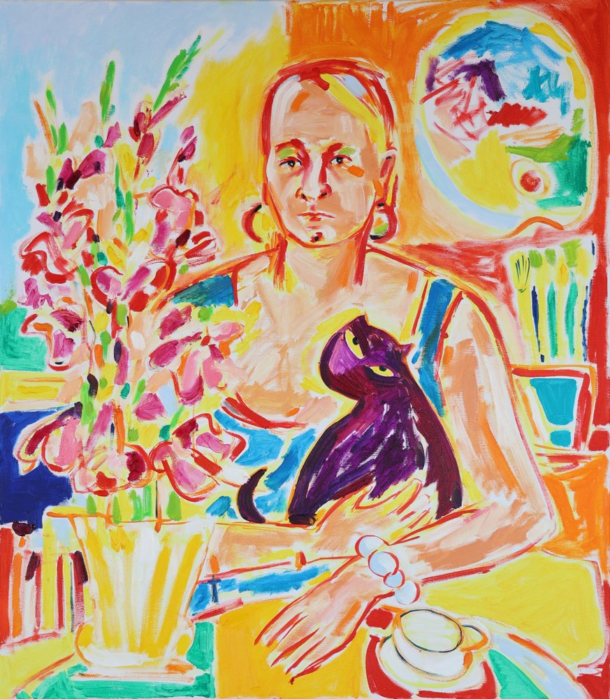 Auto-retrato com um gato violeta, inspirado em Max Beckmann, óleo sobre tela, 2024 de Tamara Jare