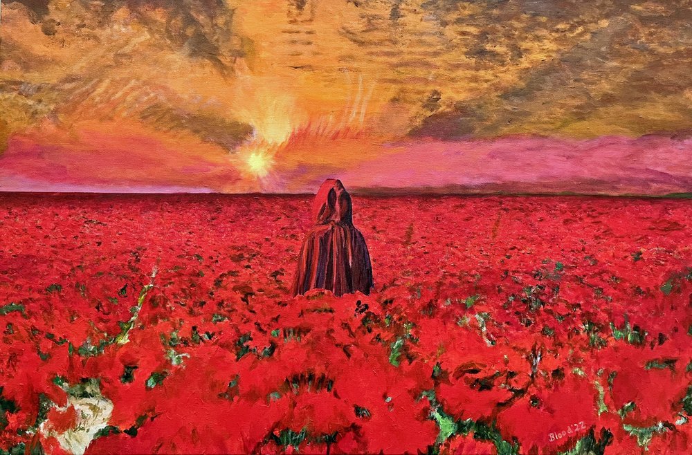Mulher num campo de papoilas de Tom Blood