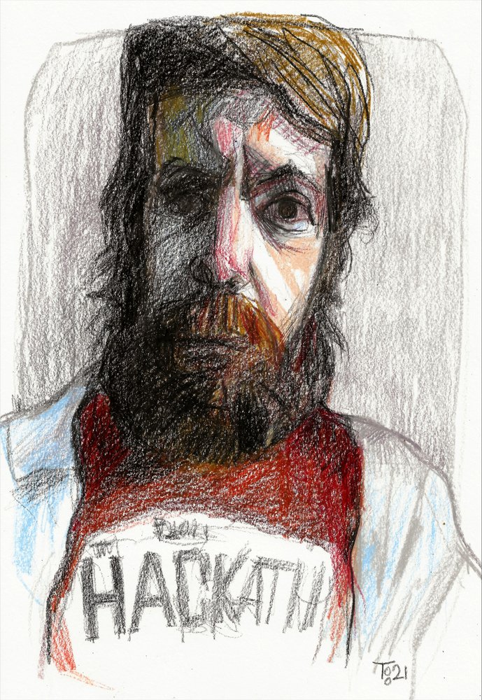Desenho de um homem barbudo com um ar intenso de Tore Bahnson