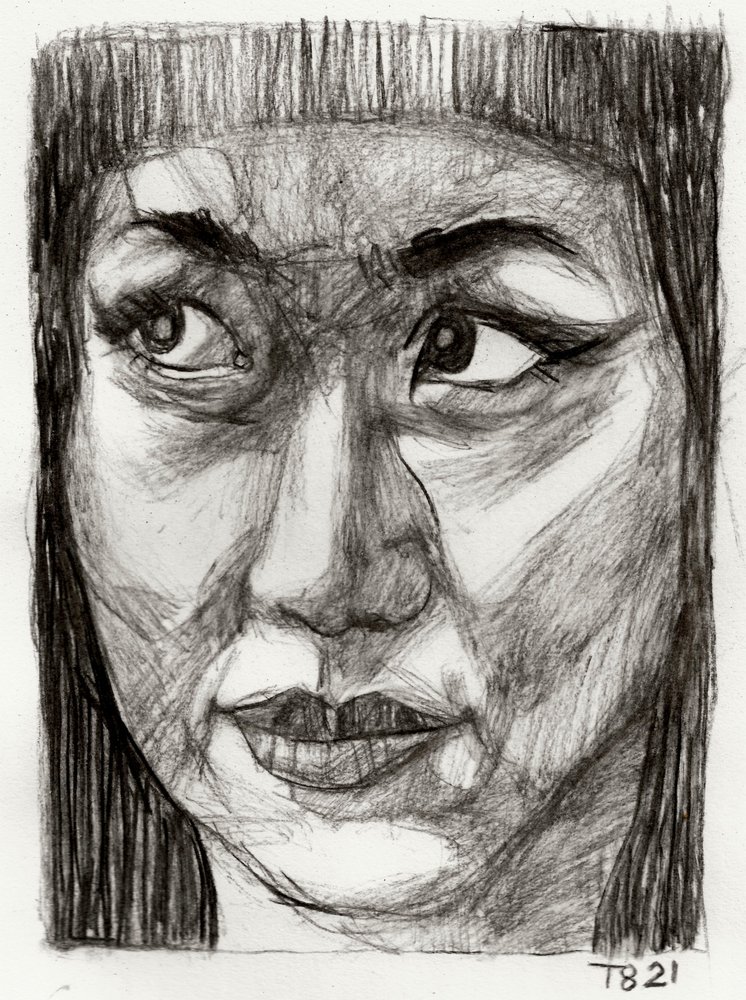 Desenho de uma mulher asiática pensativa de Tore Bahnson