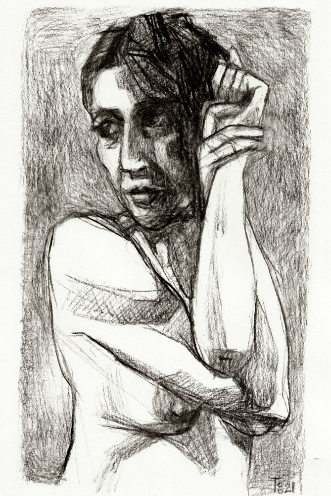 Desenho de uma mulher pensativa de Tore Bahnson