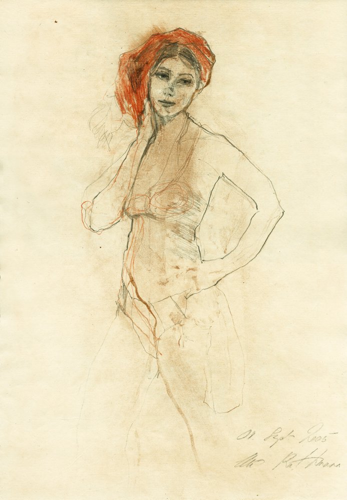 Mulher pensativa com turbante vermelho de Ute Rathmann