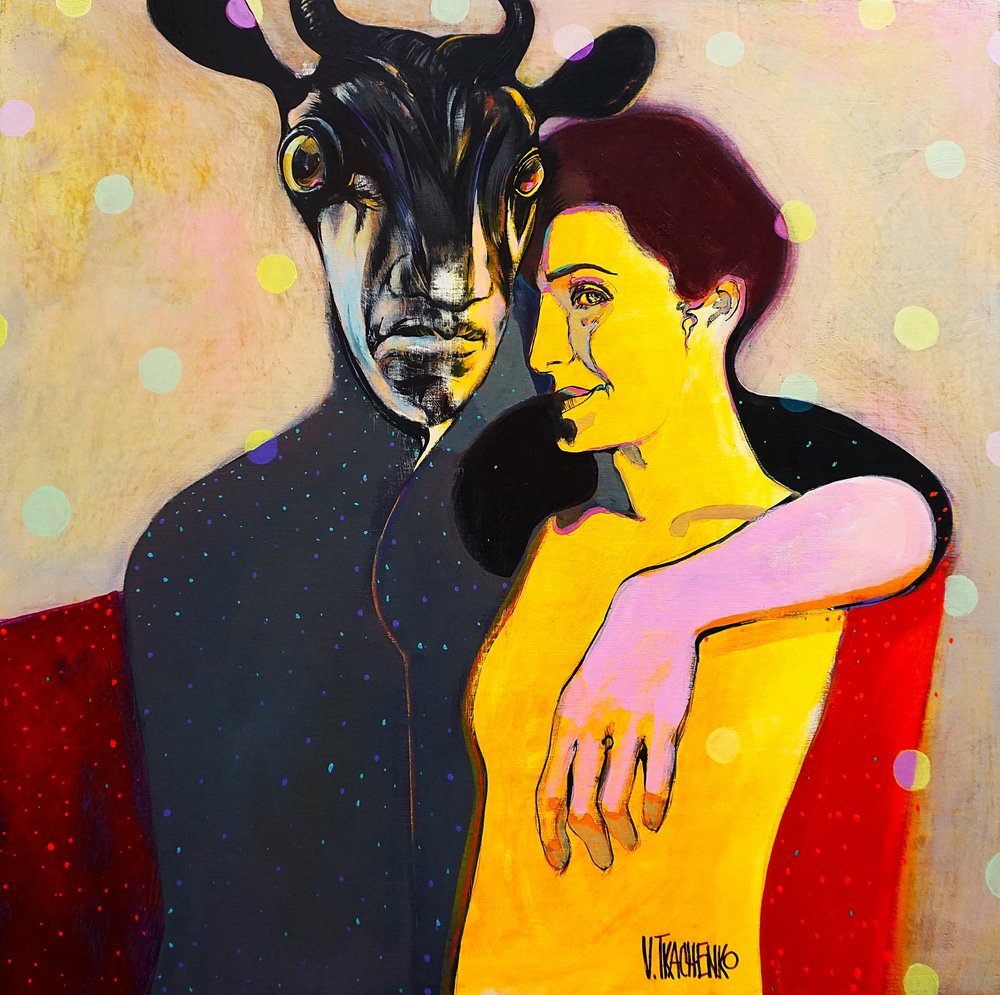 Casal com uma figura com chifres de Victor Tkachenko