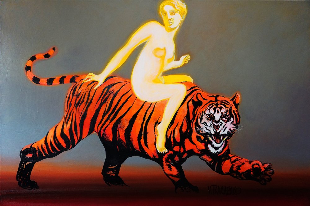 Mulher resplandecente sobre um tigre de Victor Tkachenko