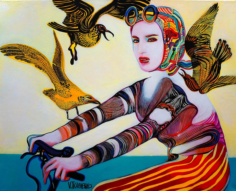 Ciclista e pássaros coloridos de Victor Tkachenko