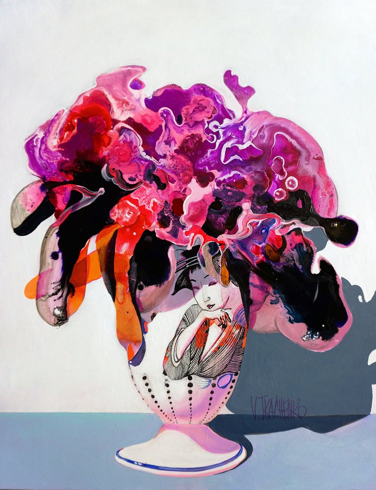Mulher com um estilo floral vibrante de Victor Tkachenko