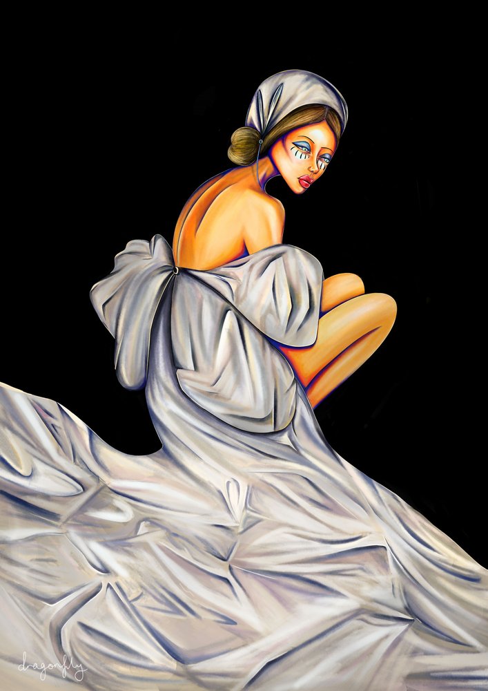 Mulher pensativa de branco de dragonfly