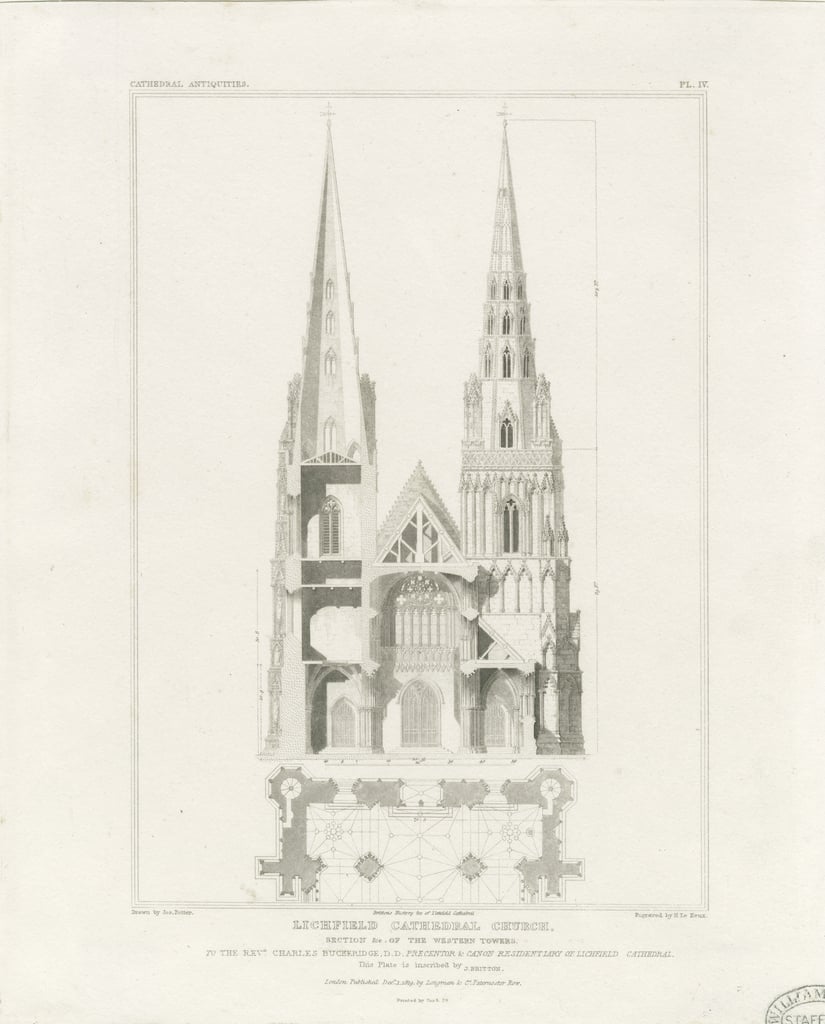 Catedral de Lichfield Frente Oeste gravura, sd [c 1819]