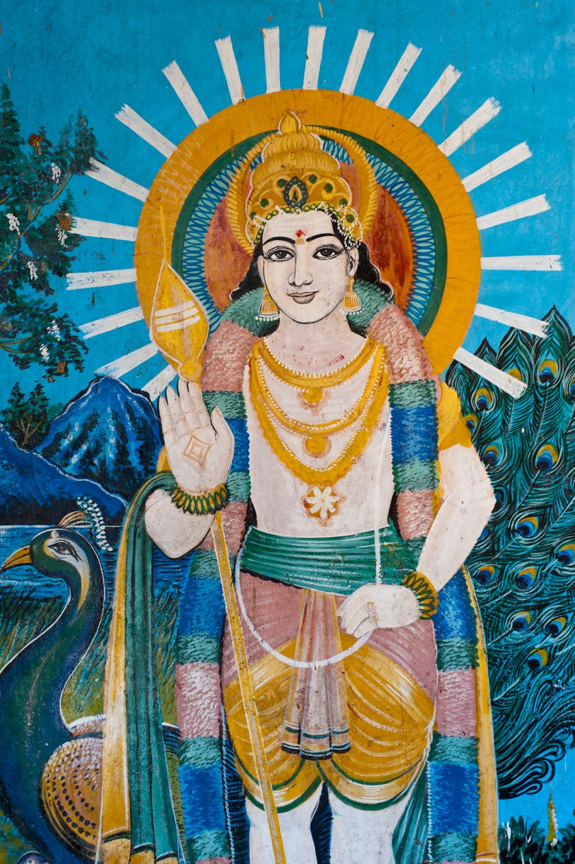 Uma pintura de um deus, na parede de um santuário, em Sangamankanda, na costa leste, Sri Lanka. 29 de maio de 2010. de Unknown