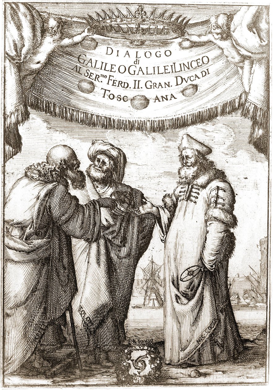 Aristóteles, Ptolomeu e Nicolau Copérnico (Nicolau Copérnico, 1473-1543) (astrônomos) em conversa - em "Diálogo sobre os dois maiores sistemas do mundo" "de Galileu, Galilei linceo, al Ser. Mo F de Unknown