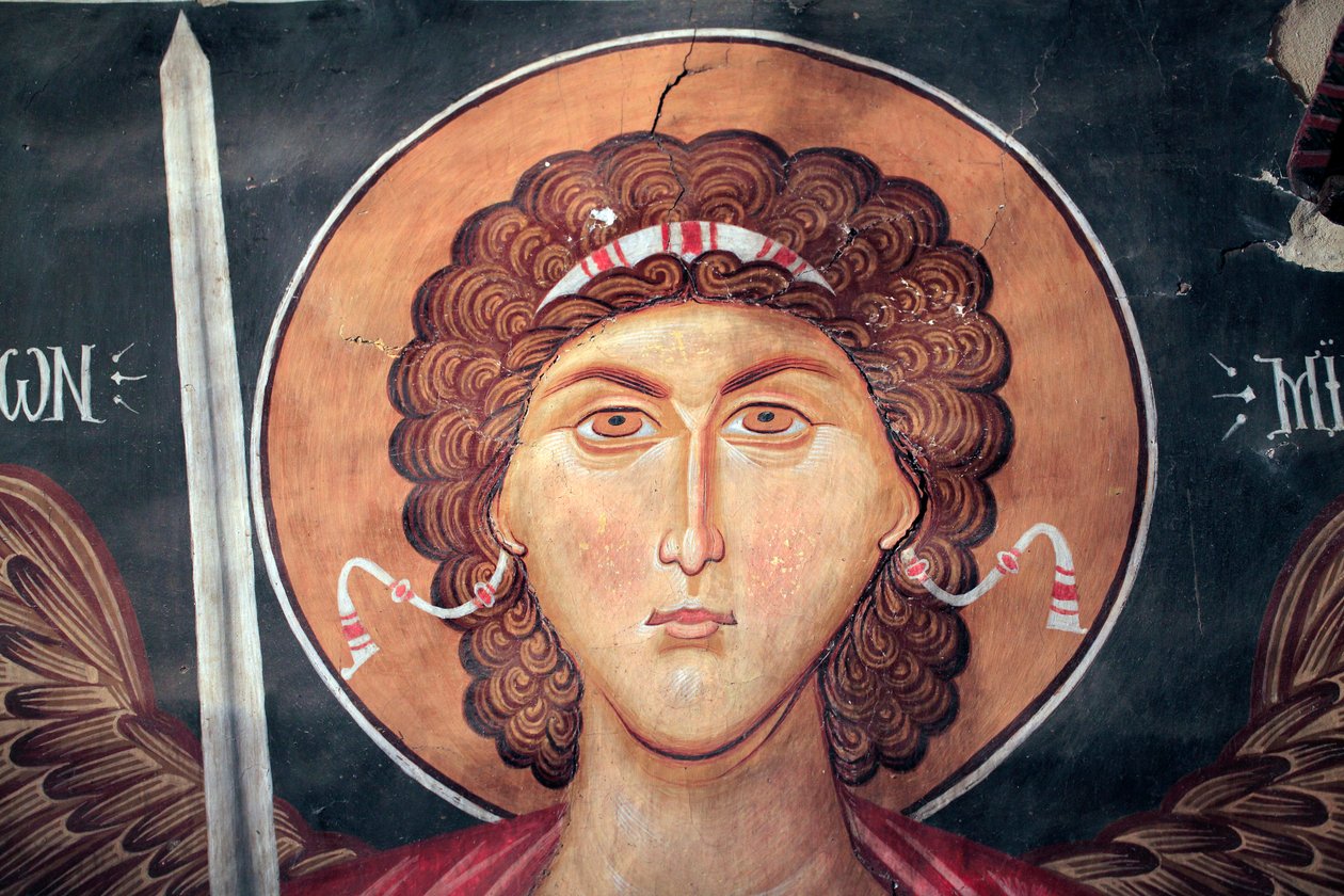 Afresco bizantino do século XV (detalhe) Arcanjo Miguel Pintura de parede Igreja de Arcanjo Miguel em Pedoulas Chipre Igrejas pintadas UNESCO site Troodos, Chipre de Unknown