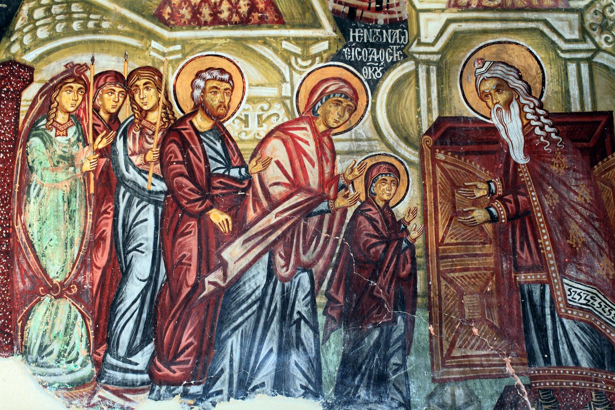 Afresco bizantino do século XV (detalhe) Pesentation de Marie na pintura da parede do templo Michael Archangel Church em Pedoulas Chipre Igrejas pintadas UNESCO site Troodos, Chipre de Unknown