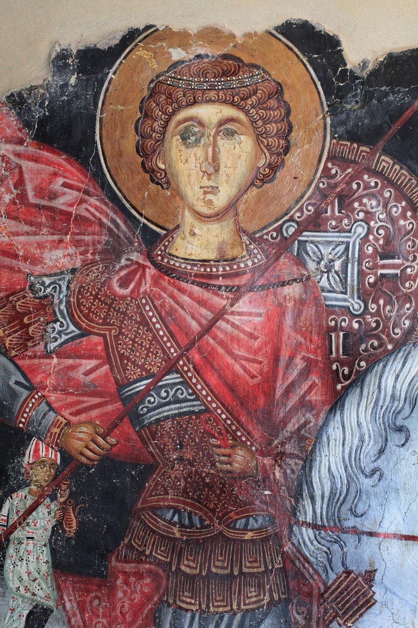 Afresco bizantino do século XV (detalhe) São Jorge Pintura de parede Igreja de Michael Archangel em Pedoulas Chipre Igrejas pintadas UNESCO site Troodos, Chipre de Unknown